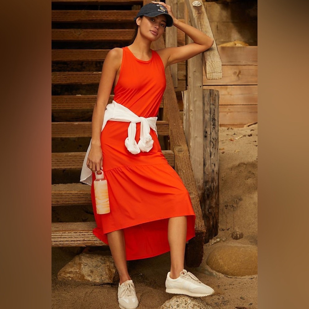 Sweaty Betty Sz S The Explorer Bright Orange Tiered Hem High Low Maxi Dress
